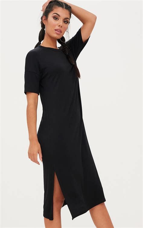 Black Jersey Short Sleeve Midi T Shirt Dress Dresses Prettylittlething