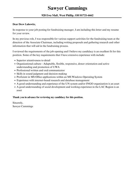 Fundraising Manager Cover Letter Velvet Jobs
