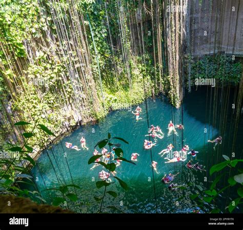 People Swimming In Limestone Sinkhole Pool Cenote Ik Kil Pisté