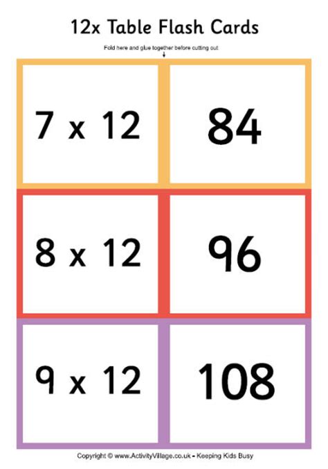 12 Times Table Folding Flash Cards