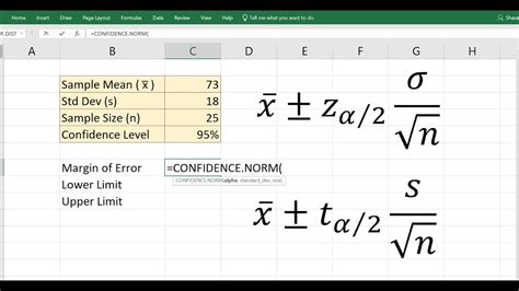 Confidence Interval For Mean In Excel Z And T Summary Values Youtube