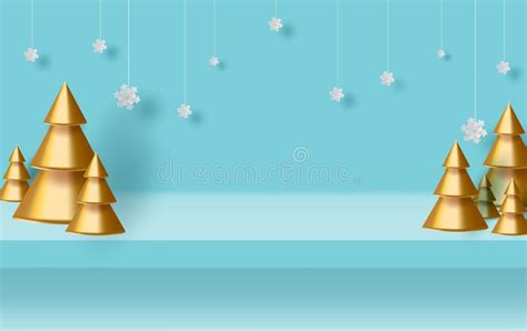 Blue Christmas Background With Border Made Of Gold Tree And Hanging