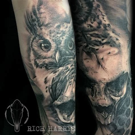 Owl Skull Trash Polka Black And Grey Tattoo With Images
