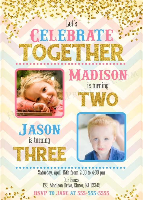 Joint Birthday Party Invitation With Photo Gold Glitter Etsy