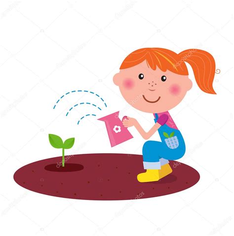 Small Gardener Girl Watering Plant In The Garden — Stock Vector © Beeandglow 4914027