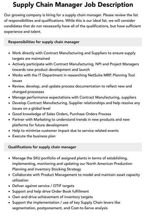 Supply Chain Manager Job Description Velvet Jobs