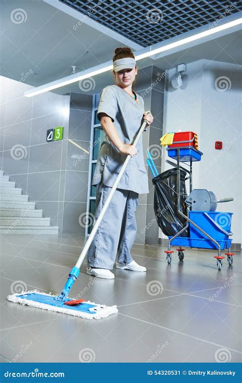 Worker Cleaning Floor With Machine Stock Image Image Of Clean