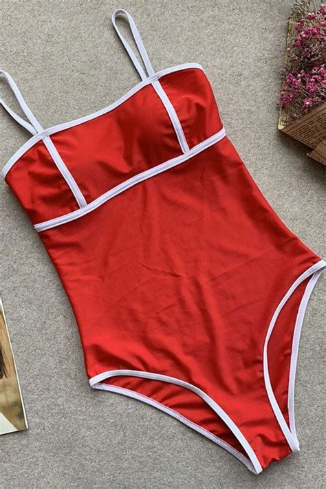 Contrast Color Piping High Leg Bandeau One Piece Swimsuit Fabzop