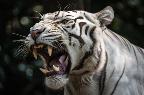 A Fierce And Majestic White Bengal Tiger Roaring Showing Off Its