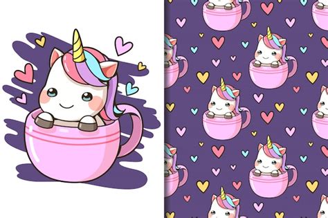 Wallpaper And Seamless Pattern Little Unicorn In A Cup Of Coffee
