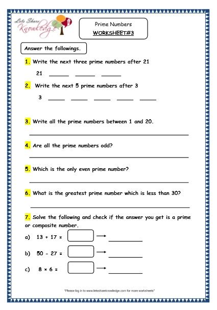 Grade 4 Maths Resources 111 Prime Numbers Printable Worksheets