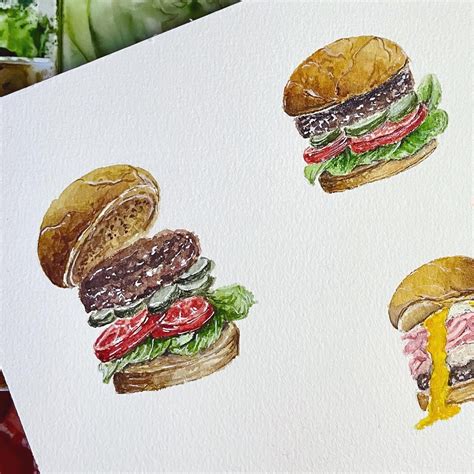 Burgers Painted In Watercolor For Menu And Restaurant Design Or