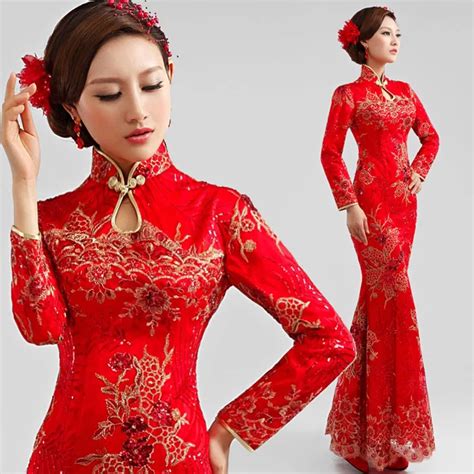 Luxury Bridal Wedding Cheongsam Lace Long Sleeved Red Qipao Bride