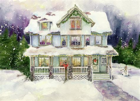 Christmas Eve Holiday Winter House Watercolor Painting By Paula Nathan
