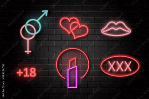 Vector Collection Of Neon Erotic Signs For Decoration On The Wall Background Stock Vector