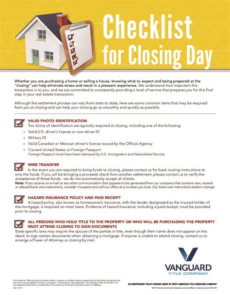 In fact, homebuyers require title insurance more than they might know. Checklist for Closing Day - Vanguard Title Company
