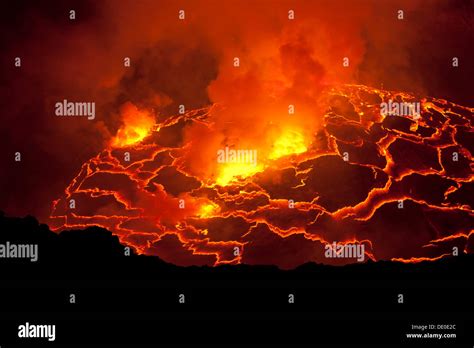 Boiling Lava Lake In The Crater Of Mount Nyiragongo Volcano Stock Photo