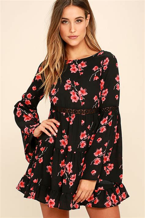 Lovely Black Floral Print Dress Long Sleeve Dress Bell Sleeve Dress