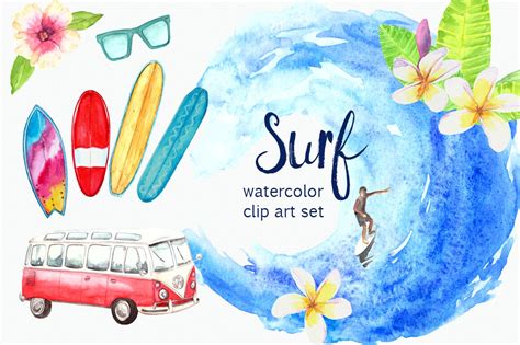surfing watercolor clip art