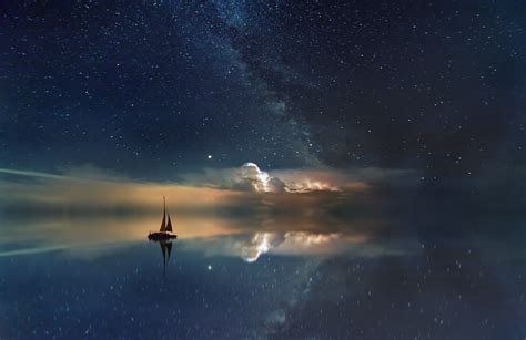 1366x768 Lake Mirror Reflection Stars Boat Milky Way 5k 1366x768