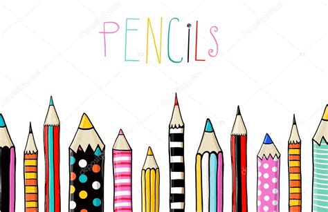 Set Of Ten Colored Pencils On White Background In Sketch Fun Styleline