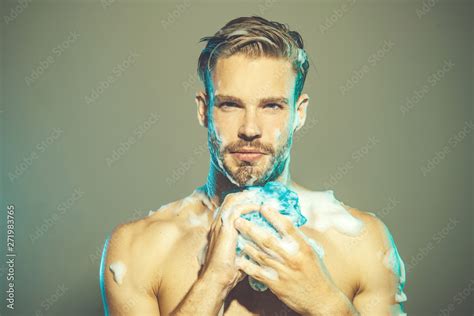 Sexy Man Taking Shower In Bathroom Attractive Sportsman With Wet