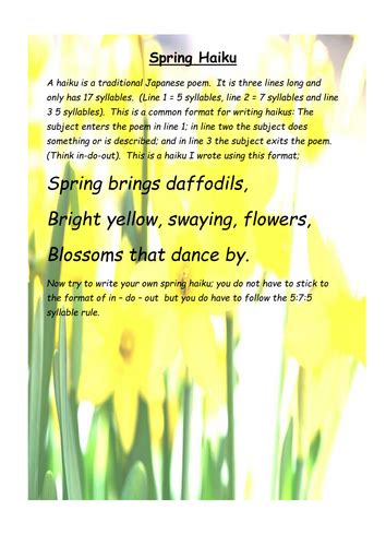 Bees buzz from flower to flower, and the birds' songs are heard again in the early morning hours. Spring Haiku by jorgill | Teaching Resources