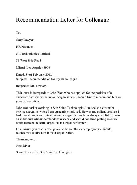 Sample Recommendation Letter For Work Colleague