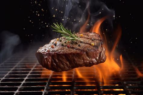 grilled meat on the grill tasty beef steaks flying above iron grill with fire flames stock