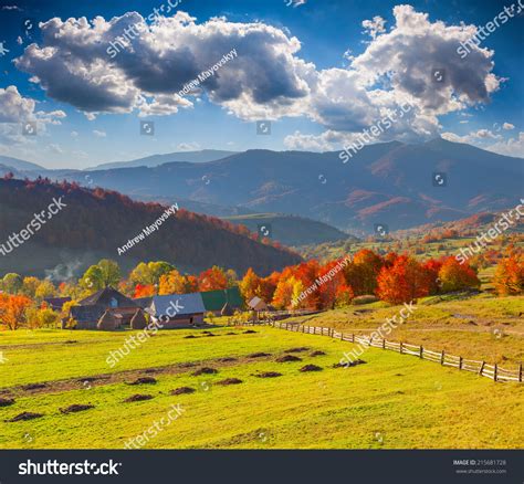 Colorful Autumn Landscape Mountain Village Stock Photo