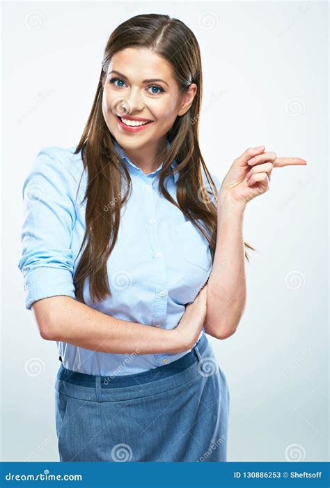 Smiling Business Woman Pointing Finger Isolated Portrait Stock Image