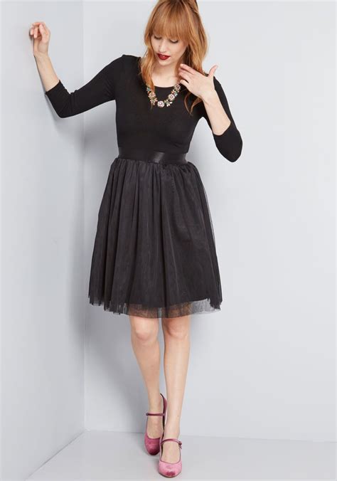Modcloth Solid A Line Dress With Tulle Skirt Black Modcloth Vintage