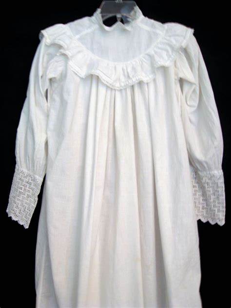 Antique Vintage Long Cotton White Nightgown Eyelet Lace Ruffles Night