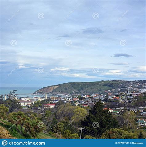 Oamaru Town Harbour And Suburbs Vertical Panorama New Zealand Stock