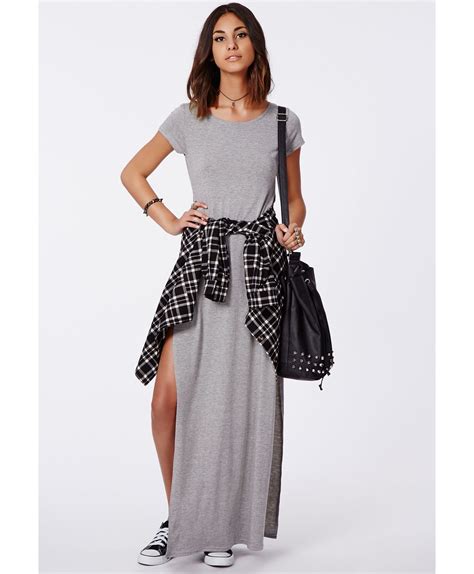 Lyst Missguided Krista T Shirt Style Side Split Maxi Dress Grey In Gray