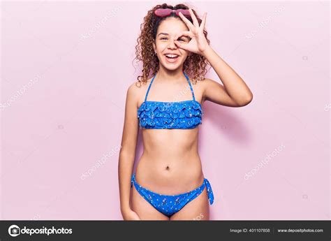 Beautiful Kid Girl Curly Hair Wearing Bikini Sunglasses Doing Gesture Stock Photo By
