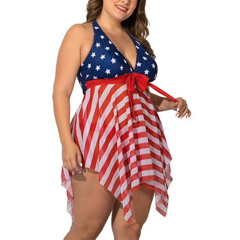 Sexy Dance Us Sexy Women Plus Size Swimwear American Flag Halterneck 2pcs Swimdressswim