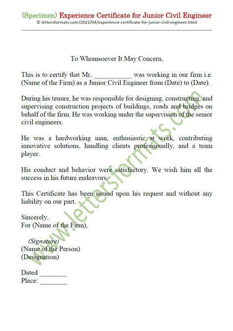 Experience Certificate Letter Format For Junior Civil Engineer