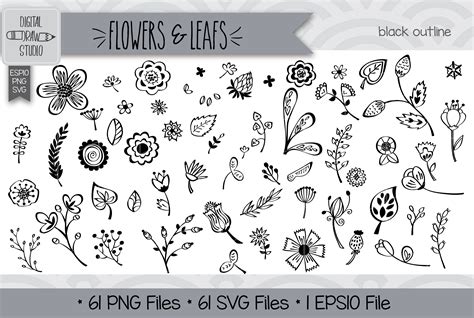 488 Flowers And Leafs Colored Clipart Hand Drawn Wild Flower Outline By