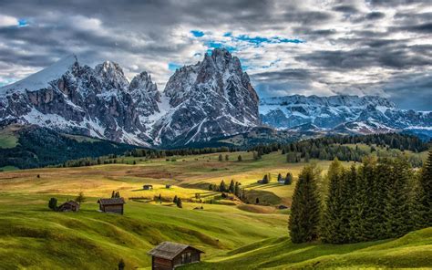 Italy Scenery Mountains Houses Grasslands Spruce Clouds Hd