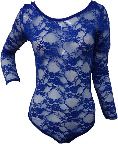 Ladies Royal Blue Floral Lace Bodysuits Leotard Tops 8 14