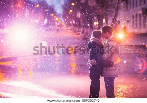 Love Couple Kissing Snow Night City Stock Photo 559302742 Shutterstock