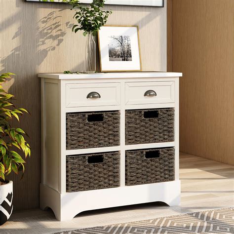 White Storage Chest With 2 Drawers And 4 Rattan Baskets Wood Accent