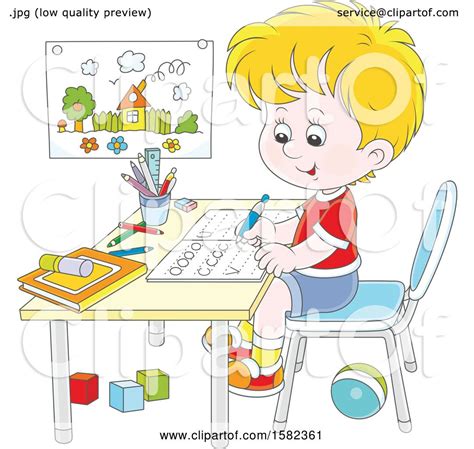 Clipart Of A Caucasian School Boy Writing Letters At His Desk Royalty