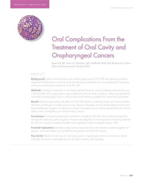 Pdf Oral Complications From The Treatment Of Oral Cavity And