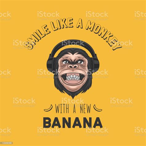 Lächle Wie Ein Affe Mit Einer Neuen Banane Vector Smiling Dj Schimpanse Ape Mit Kopfhörern