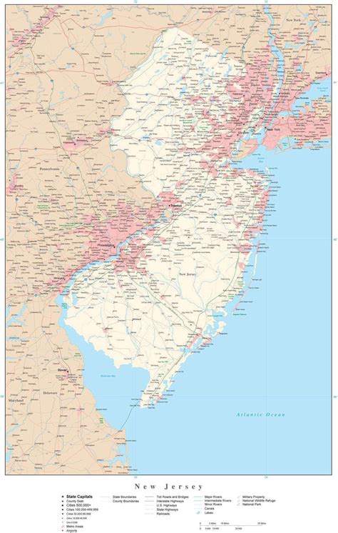 New Jersey Detailed Map In Adobe Illustrator Vector Format Detailed