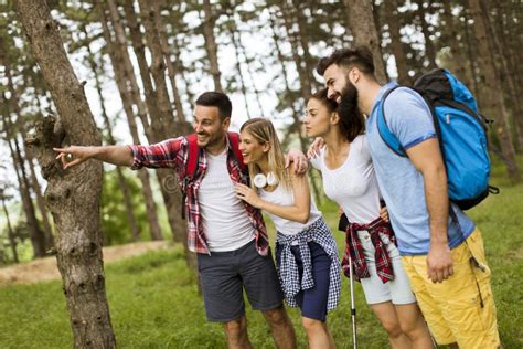 Group Of Four Friends Hiking Together Through A Forest Stock Photo