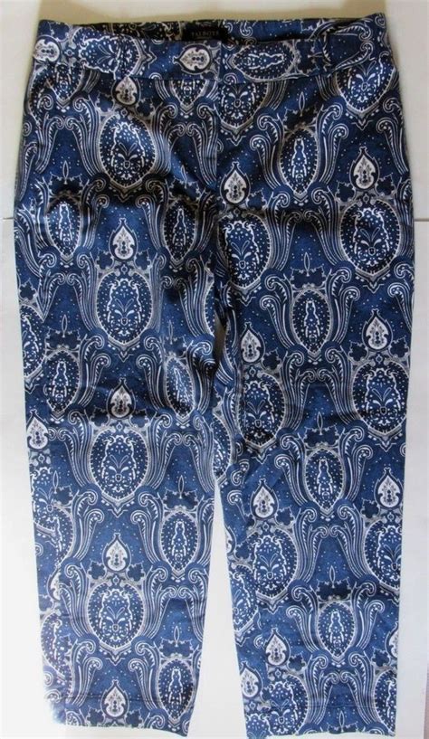Talbots Cropped Capris Pants 12 Navy Blue White Paisley Cotton Blend