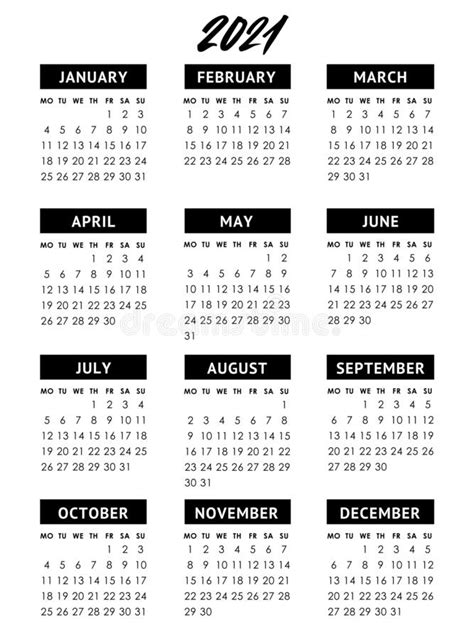 Vector Calendar For 2021 Year Week Starts Sunday Stock Vector